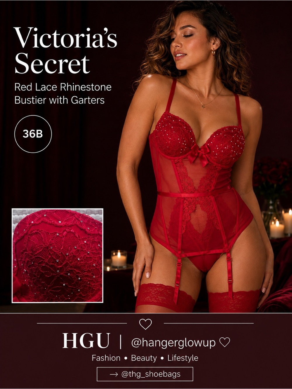 Victoria’s Secret Red Rhinestone Lace Bustier Corset w/ Garters 36B NWT